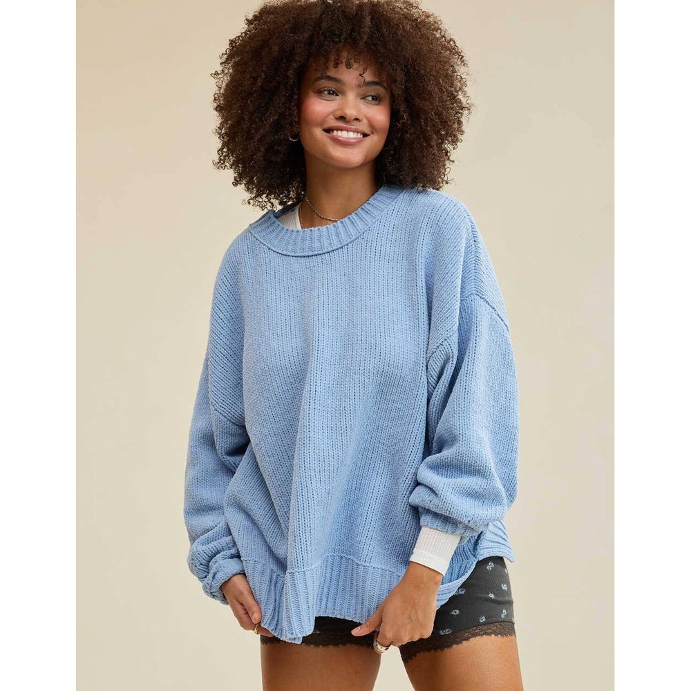 Aerie Oversized Crewneck Sweater Blue Wool Alpaca Blend Knit Small
